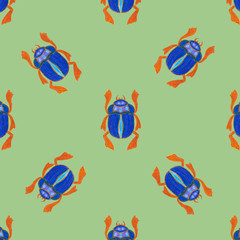 Blue scarab isolated on green background. Seamless pattern with Bug insect, Beetles. Design for wrapping paper, cover, greeting card, wallpaper, fabric