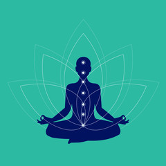 man Meditation or doing yoga in the Lotus position on Lotus flower background. Lotus position simple pictogram. Yoga pose logo illustration. meditating silhouette with chakra and lotus on colored back