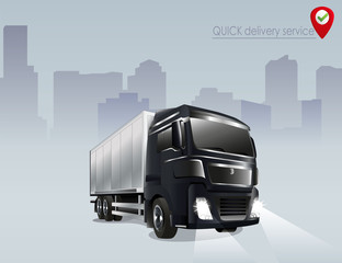 vector icon quick delivery service, white truck on the road