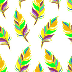 Fototapeta na wymiar Bright feather print. White background. Summer Seamless pattern. Colorful Vector illustration