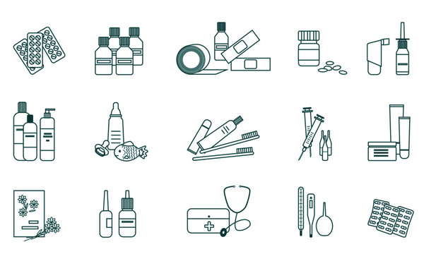 Set of medical icons with pills, bottles, tubes and other objects isolated on white background. Flat icons for pharmacies, healthcare, medicine, clinics, hospitals, business. Vector. Eps10