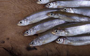 Smelt fish on cutting board