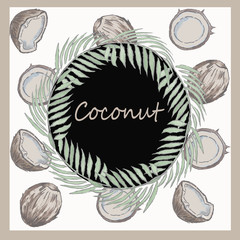 Watercolor illusion: a white background shows a wreath of palm leaves processed with coconut and pieces of nuts.Lightened effect.