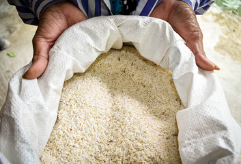 Rice products produced by farmers are. Hand holding rice. .