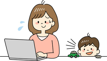 テレワーク中に子どもに話しかけられて困るお母さん