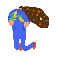 Vector illustration Girl with a bore flat vector illustration. Flat design women. Girl with plants plants isolated cartoon characters. Demonstration of a garden, garden, planting