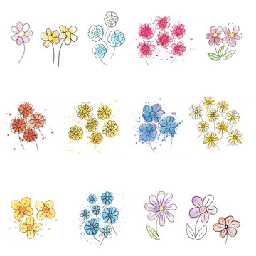 A Collection of Cartoon Watercolour Flowers and Wildflowers