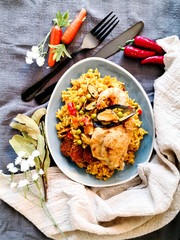 Prawn with rice - closeup of prawn with rice - traditionnal spanish food paella