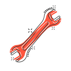 Wrench icon in comic style. Spanner key cartoon vector illustration on white isolated background. Repair equipment splash effect business concept.
