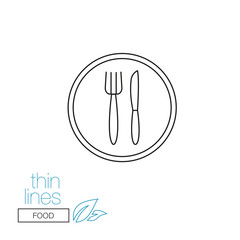 Thin line icon. Icons on the theme of the restaurant. Plate with knife and fork