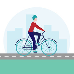 Man riding a bike outside in a city flat vector illustration.Stay healthy concept.