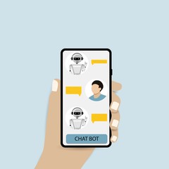 Chatbot concept. Man chatting with chat bot on smartphone. User talk with bot in messenger. Vector illustration.