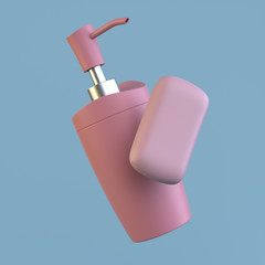 Pink jar of liquid soap and pink soap on a blue background. 3d render. 3d icon
