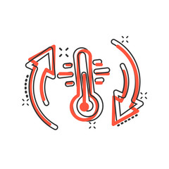 Thermometer climate control icon in comic style. Meteorology balance cartoon vector illustration on white isolated background. Hot, cold temperature splash effect business concept.