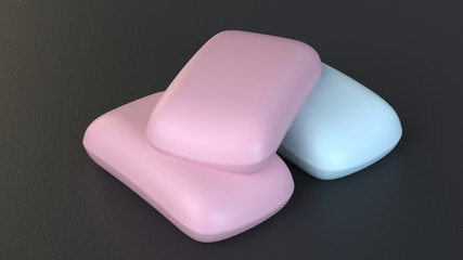 Pink blue soap on a black background. Pyramid of colorful soaps. 3d render.