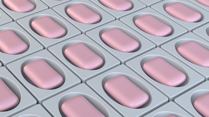 Group of pink soaps in the white soap-dishes on a white background. Grid structure. 3d render.