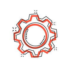 Gear vector icon in comic style. Cog wheel cartoon illustration on white isolated background. Gearwheel cogwheel splash effect business concept.