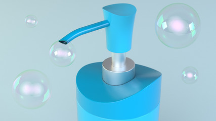 Colorful jar of liquid soap on a white background. Soap bubbles around. 3d render.