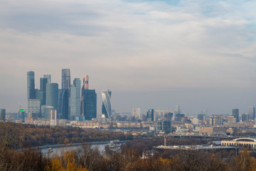 Fototapeta premium Moscow panorama with Moscow city area, river and downtown. View from observation desk in Vorobyevy Gory park.