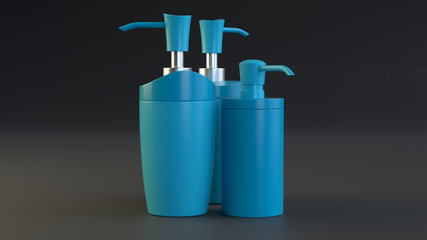 Three blue jars of liquid soap on a black background. 3d render.