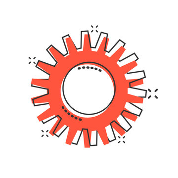 Gear vector icon in comic style. Cog wheel cartoon illustration on white isolated background. Gearwheel cogwheel splash effect business concept.