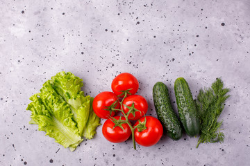 tomatoes and cucumbers and spices on a grey background, cooking concept. Food background.