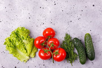tomatoes and cucumbers and spices on a grey background, cooking concept. Food background.