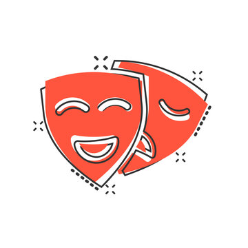 Theater mask icon in comic style. Comedy and tragedy cartoon vector illustration on white isolated background. Smile face splash effect business concept.