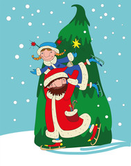 Christmas characters on the background of a Christmas tree 