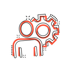 People with gear icon in comic style. Person cogwheel cartoon vector illustration on white isolated background. Teamwork splash effect business concept.