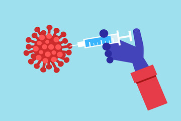 virus, vaccination and vaccine. Injection with substance is jabbed into infectious and contagious virion.  Doctor's hand, syringe and red microorganism. Vector illustration. 