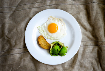 Healthy breakfast of fried eggs, bread and avocado on a white plate
