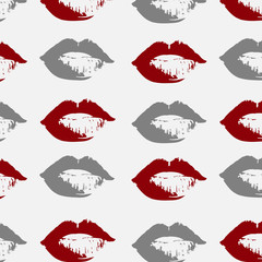 Print of sexy imprinted lips with red lipstick on an isolated white background. On wrapping paper fabric wallpaper for social networks logo. World Kiss, Valentine's Day. Vector stock illustration.