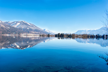 Beautiful mountains landscape, lake and mountain against blue sky. Saint Wolfgang im Salzkammergut in Austria 