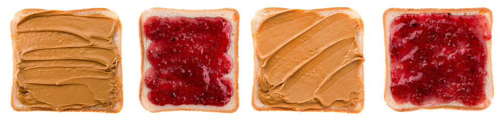 Toast with butter peanut and jam. Isolated on a white background