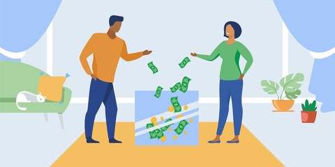 Illustration of a family budget. Husband and wife own money in a family piggy bank