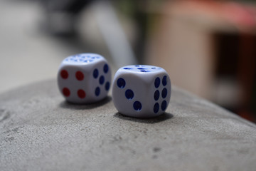 Two white dice on a table close up on blurry background