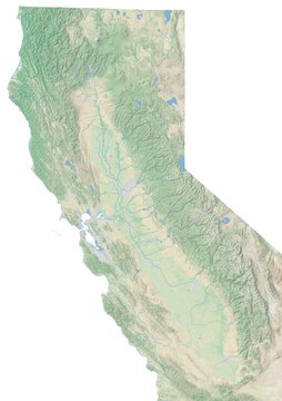 High resolution topographic map of northern California with land cover, rivers and shaded relief in 1:1.000.000 scale.	
