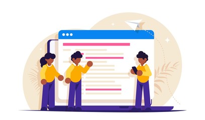 Programmers discuss the code on the laptop screen. IT specialists while working on the project. Modern flat vector illustration.