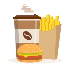 Fast Food . Hamburger Classic Burger Potatoes French Fries in . Package Box Blank Cardboard Cups for Coffee Soft Drinks- Take Away Handle Lunch Bags. Vector flat design illustration.