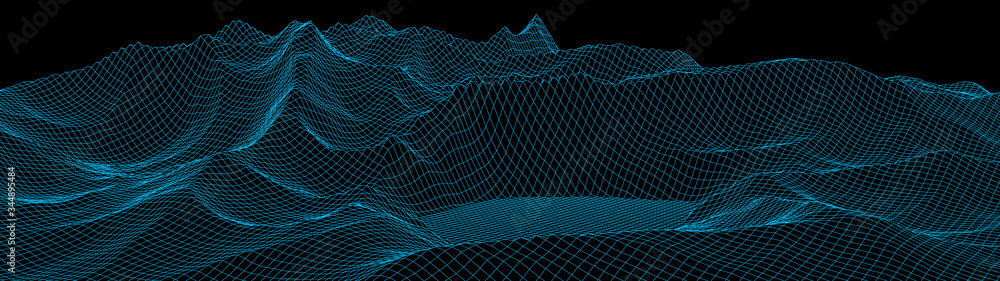 Poster vector wireframe 3d landscape. technology grid illustration. network of connected dots and lines. fu