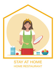 Woman cooking. Stay at home concept. Vector illustration in flat style