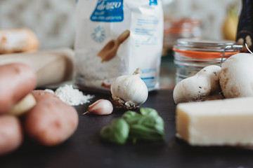 Italian ingredients for gnocchi and basil pesto 