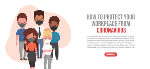 Protect your workplace from coronavirus landing page. Covid-19 precautions at work, multinational people use masks at work to prevent disease, flu, air pollution. Vector flat cartoon illustration