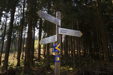 Schilder und Jakobsweg-Zeichen auf Pfälzer Jakobsweg Nord bei Landstuhl