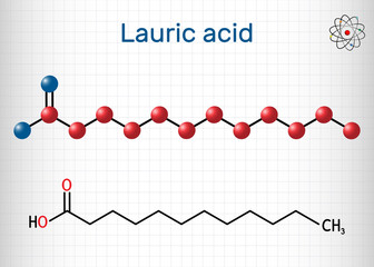 Lauric acid, dodecanoic acid, C12H24O2 molecule. It is a saturated fatty acid. Structural chemical formula and molecule model. Sheet of paper in a cage