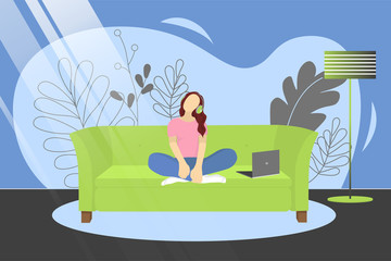 Vector illustration with a girl sitting on a sofa and listening to music.Girl at home listening to an audio lesson from a laptop . Poster motivating to listening to music. For sites, articles, posters