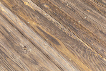 Diagonal backdrop of treated wood planks, old boardwalk rough texture, horizontal aspect