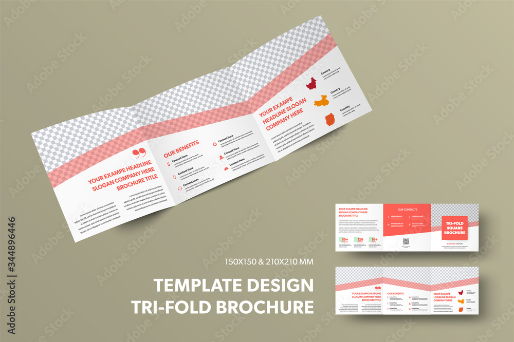 Aufkleber Template of open vector tri-fold with presentation of design, diagonal red lines and place for photo.