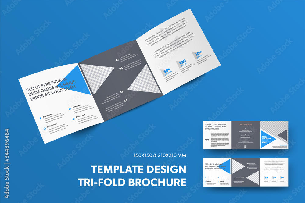 Aufkleber Template of open vector tri-fold with blue and gray triangles and place for photo, presentation of brochure design with abstract pattern, isolated on background.